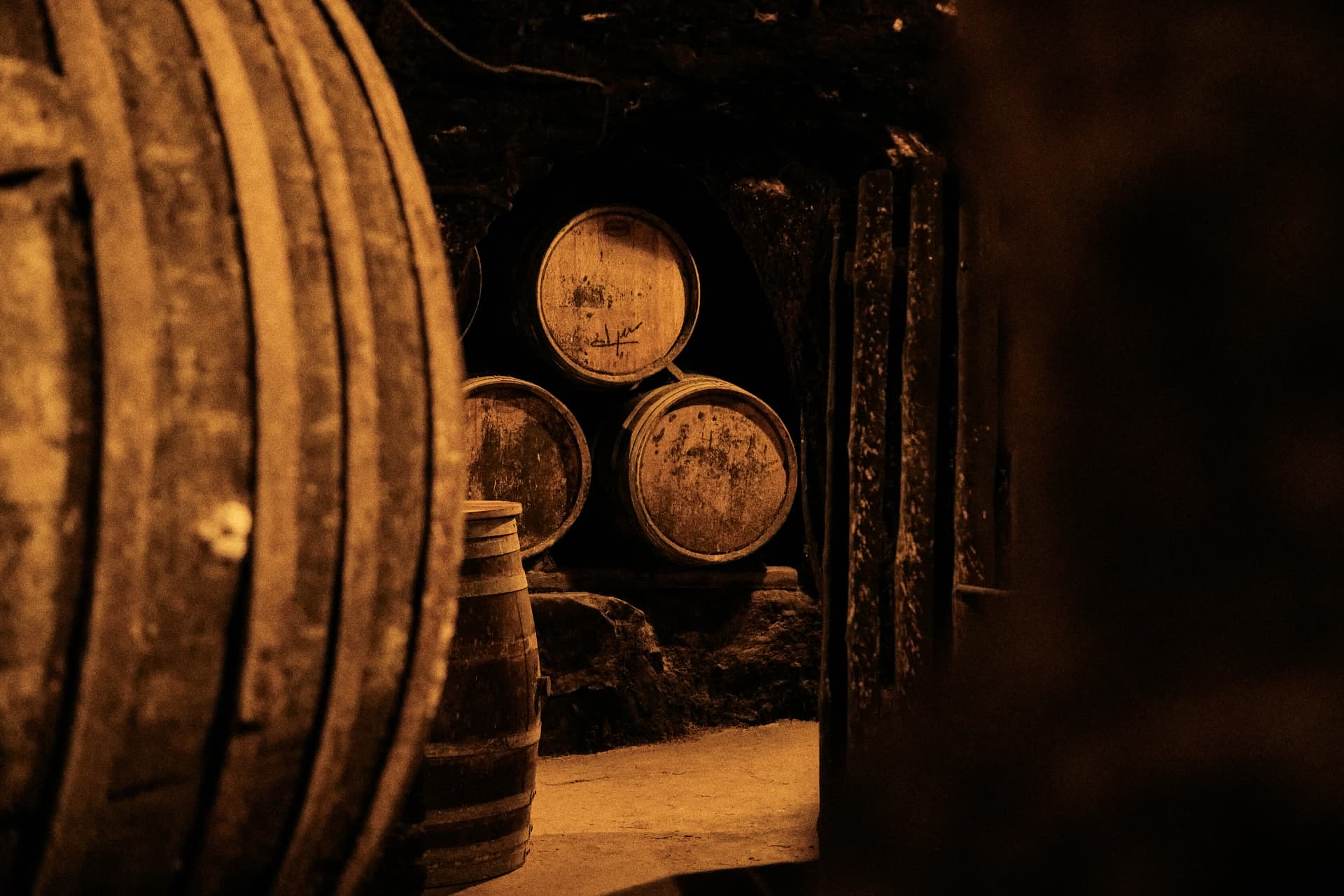 Barricas de madera en el interior de una bodega antigua