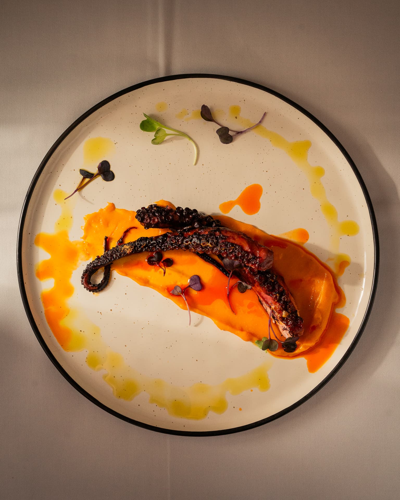 Pulpo a la brasa sobre crema de calabaza