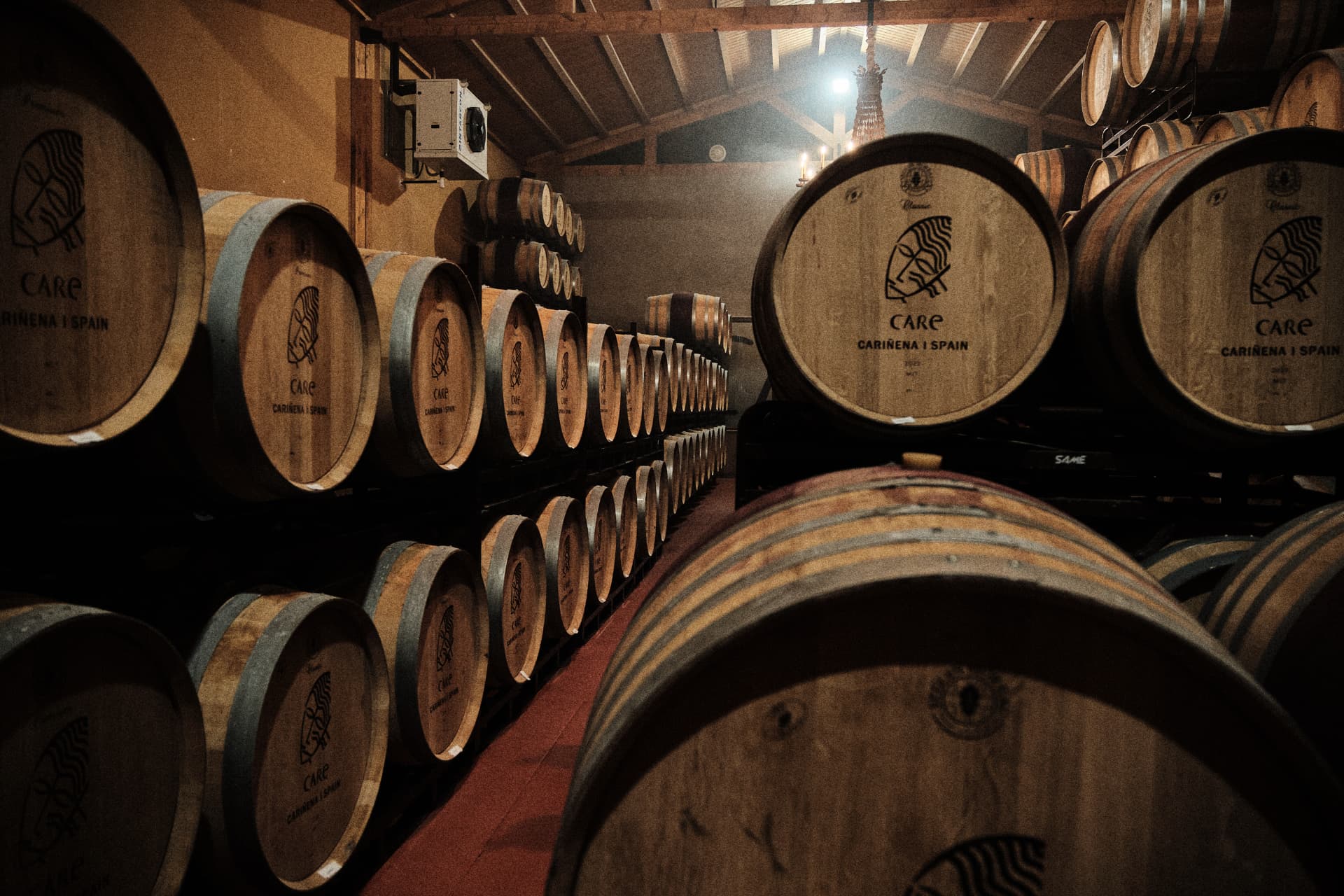 Sala de barricas iluminada por una lámpara