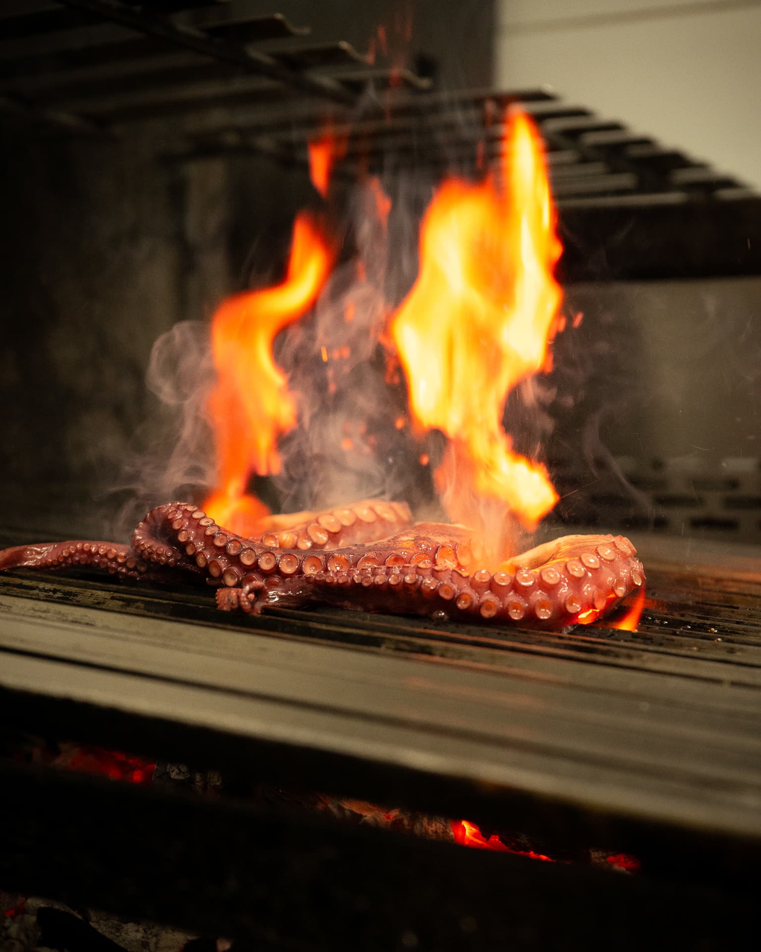 Pulpo asándose entre llamas en la parrilla