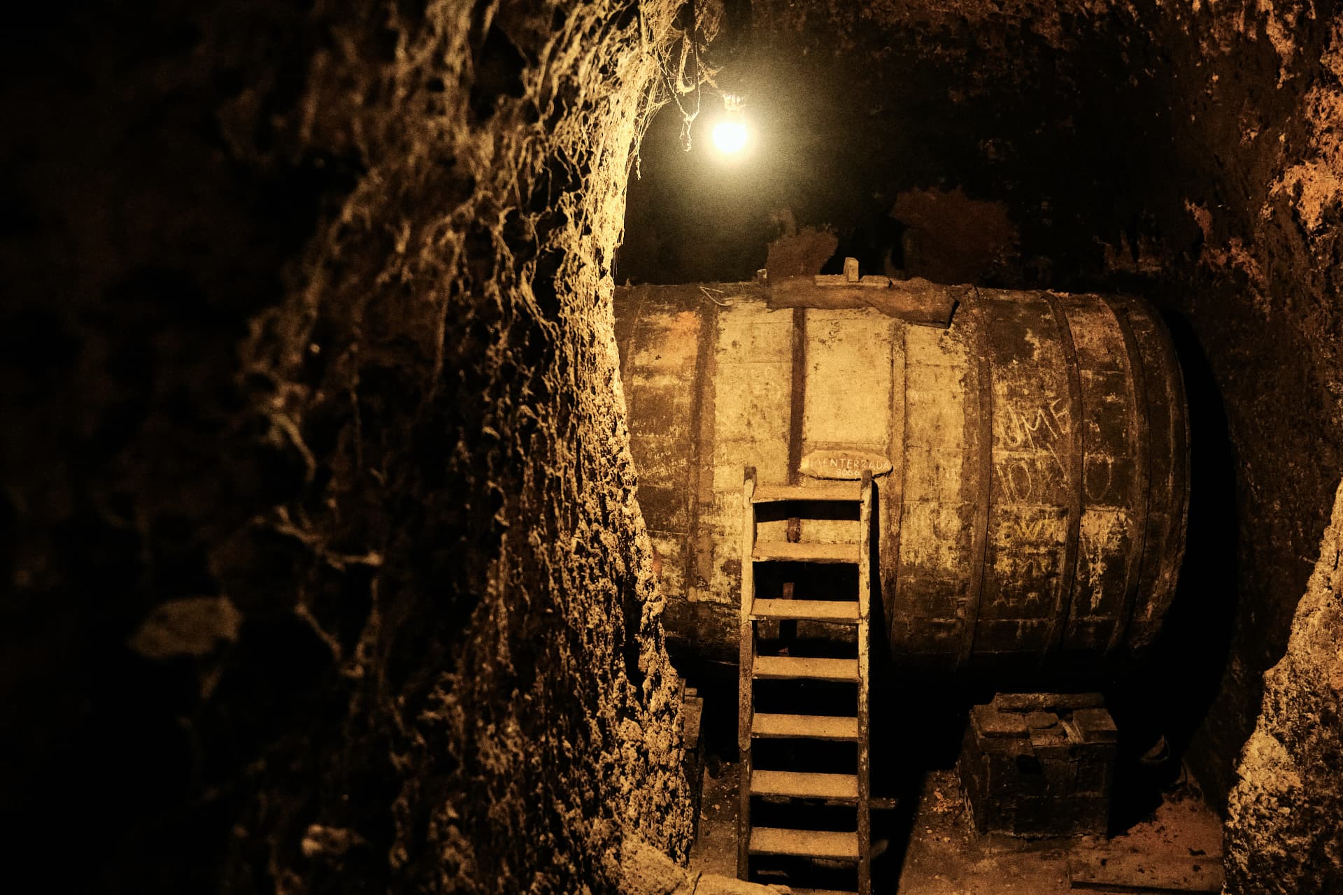 Bodega excavada en la roca con una barrica grande y una escalera de madera